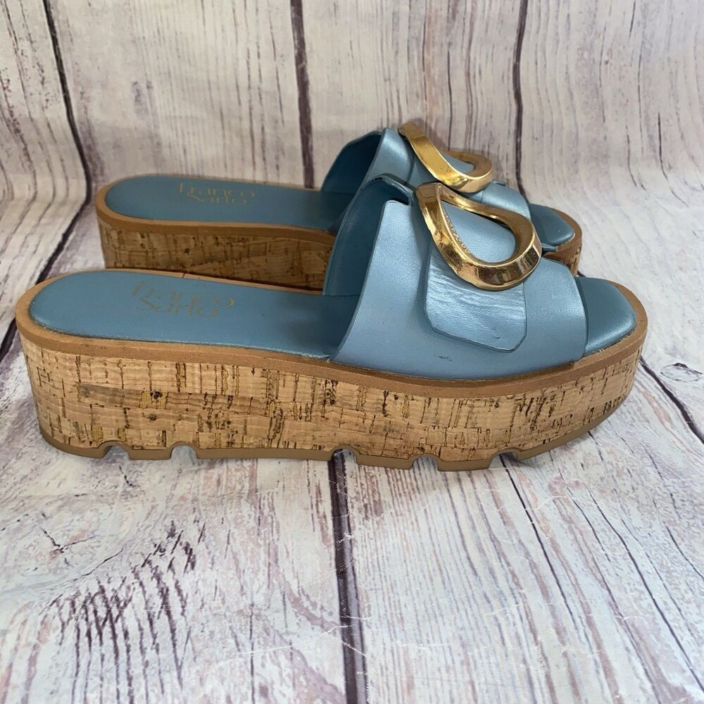 Franco Sarto Womens 6.5 Blue Leather Cork Platform Slide Sandals Gold Buckle